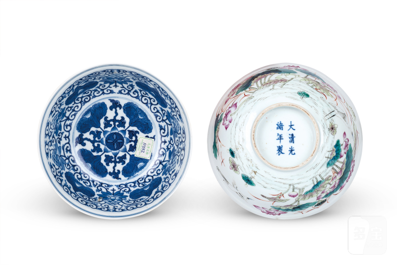 内青花缠枝花卉外粉彩荷塘鹭鸶纹碗 - 图1